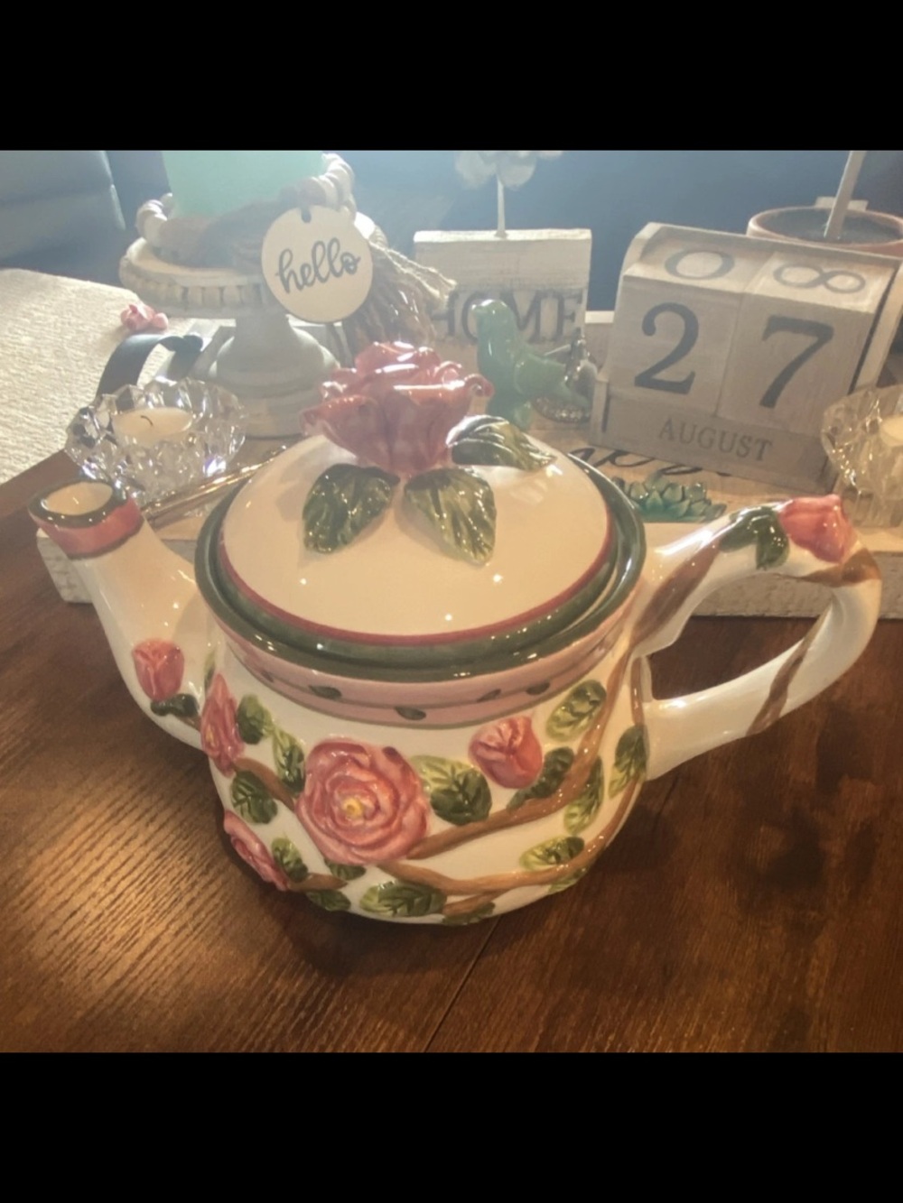 Hand-Painted Rose Ceramic/Porcelain Teapot in Pink and Green